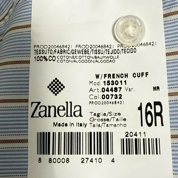 NWT Zanella Mens Shirt Blue Tan Stripe Long Sleeve Button Up w/French Cuff. - Picture 9 of 10